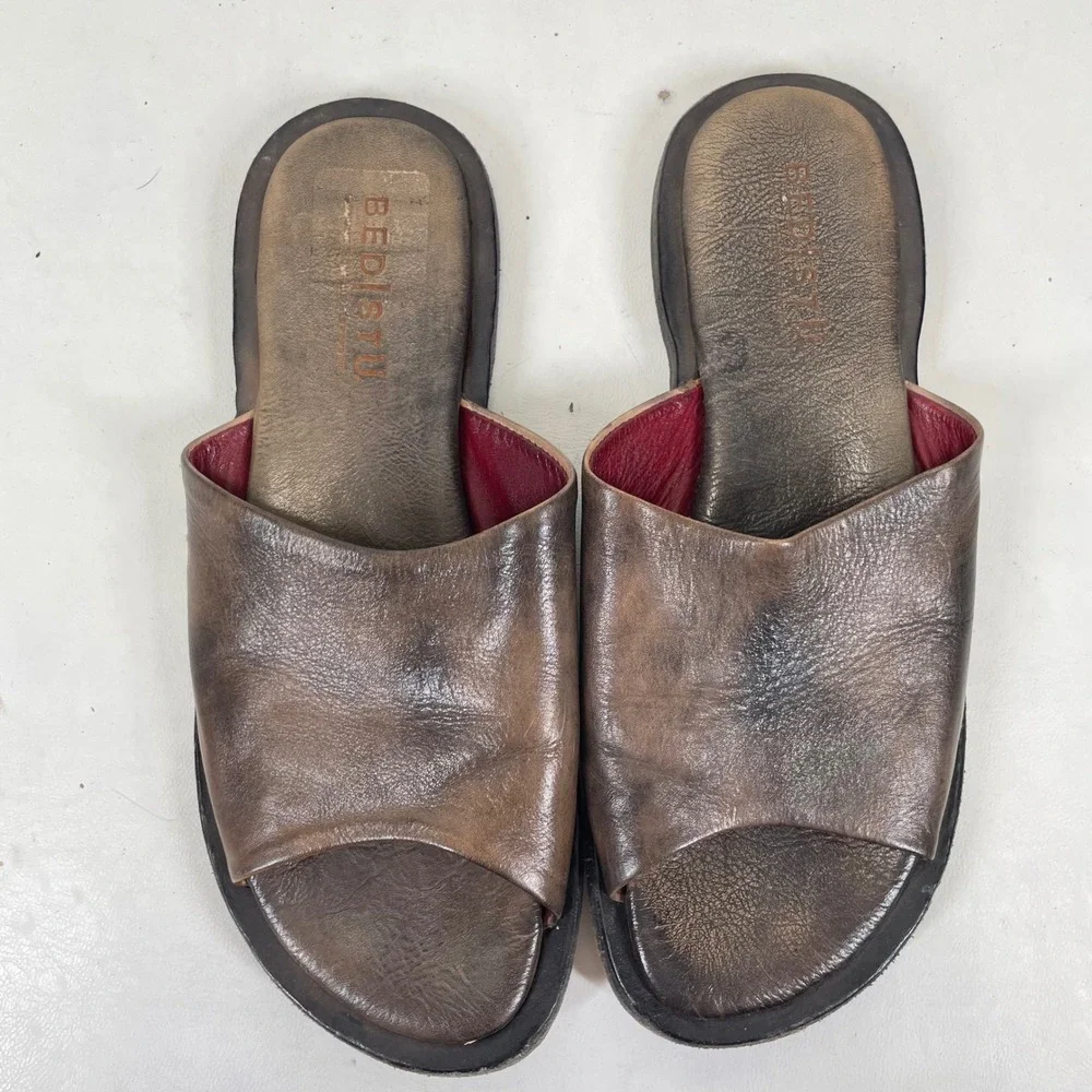 Bed Stu Brown Distressed Leather Slide Sandals Red Lining Mens 7.5 Mexico
